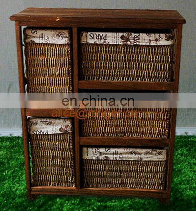 Antique Living Room Cabinet Wooden Cabinet with 5 Rattan Storage Drawers