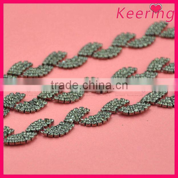 new arrival bulk cheap china crystal trim leaf shape joint black diamond chain WRC-225