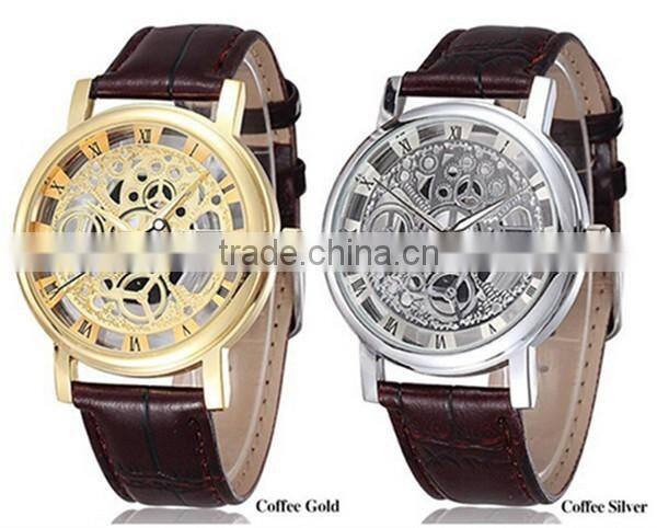 Charming Silvery Color Black Leather Strap Business Gift Genuine Skeleton Watch