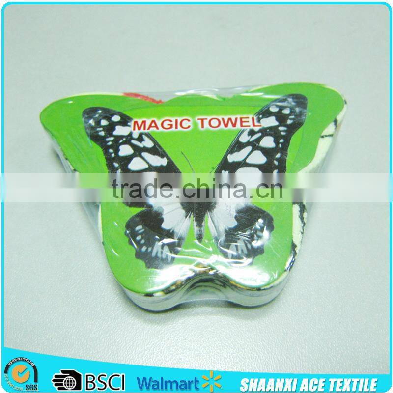 Print card shrink maigc hand towel compressed towel in butterfly shape cotton butterfly hand towel