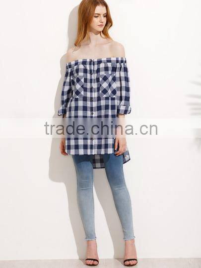 Blouses latest fashion design women clothing Gingham Button Pocket Off The Shoulder Blouse