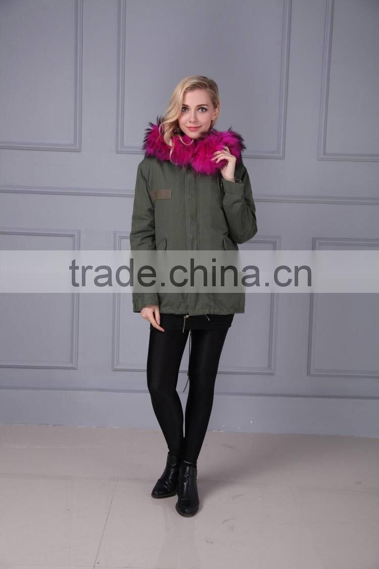 Women Detachable Raccoon Fur Collar Lined Fox Fur Hooded Parka