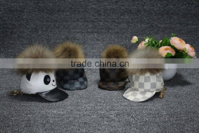Hot sale cute hat with raccoon fur keychain for smartphone/hand bag/car