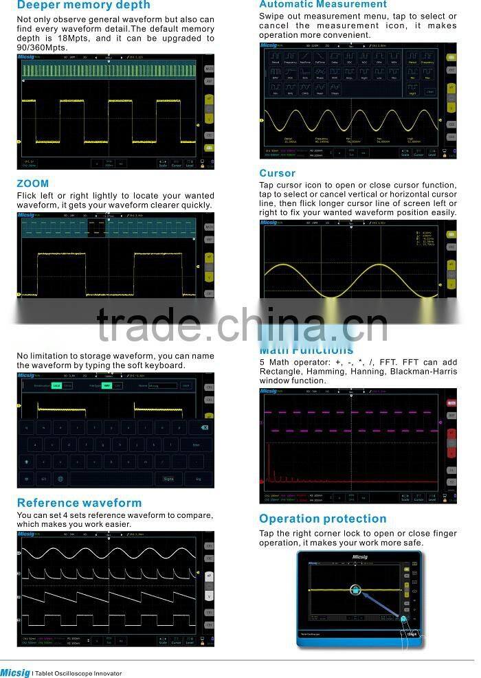 Micsig TO202A portable digital oscilloscopes, 200MHz tablet oscilloscope,2GS/s sampling rate with FFT function