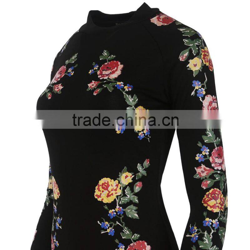 2016 Autumn New Arrival 3D Floral Print Stand Collar Bodycon Dresses Black Long Sleeve Midi Dresses OXL141117