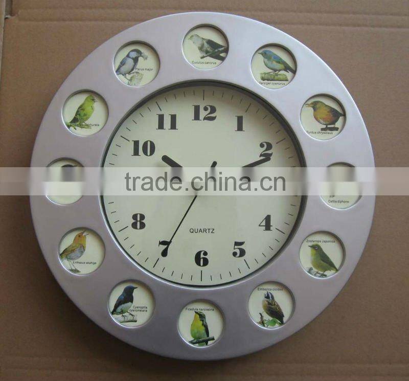 Round photo frame wall clock with 12 bird pictures and sound