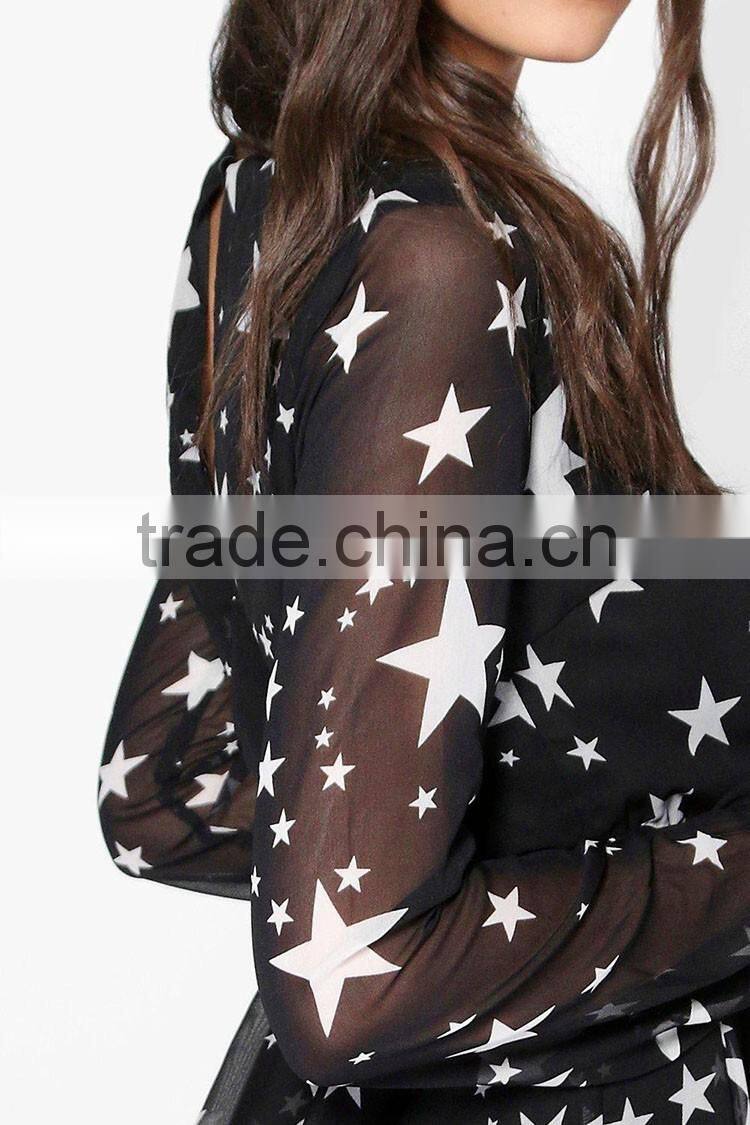 White star long sleeve mesh deep v-neckline A-line casual dress