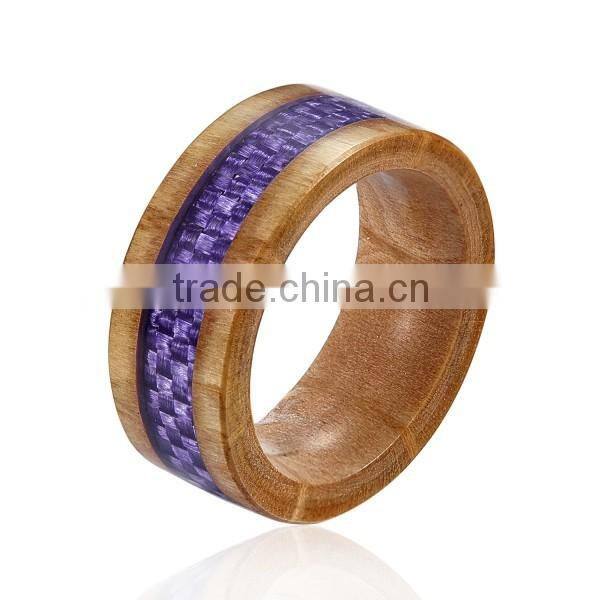 8MM New Natural Wood Ring, Natural Wood Ring with Purple Carbon Fiber Inlay