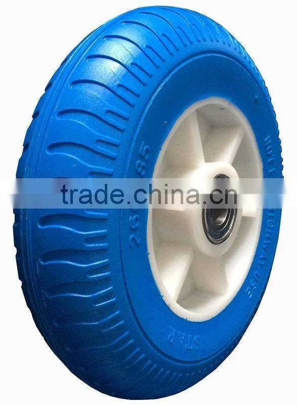 8 inch FLAT FREE PU wheel with ball bearing plastic rim for tool carts hand trucks