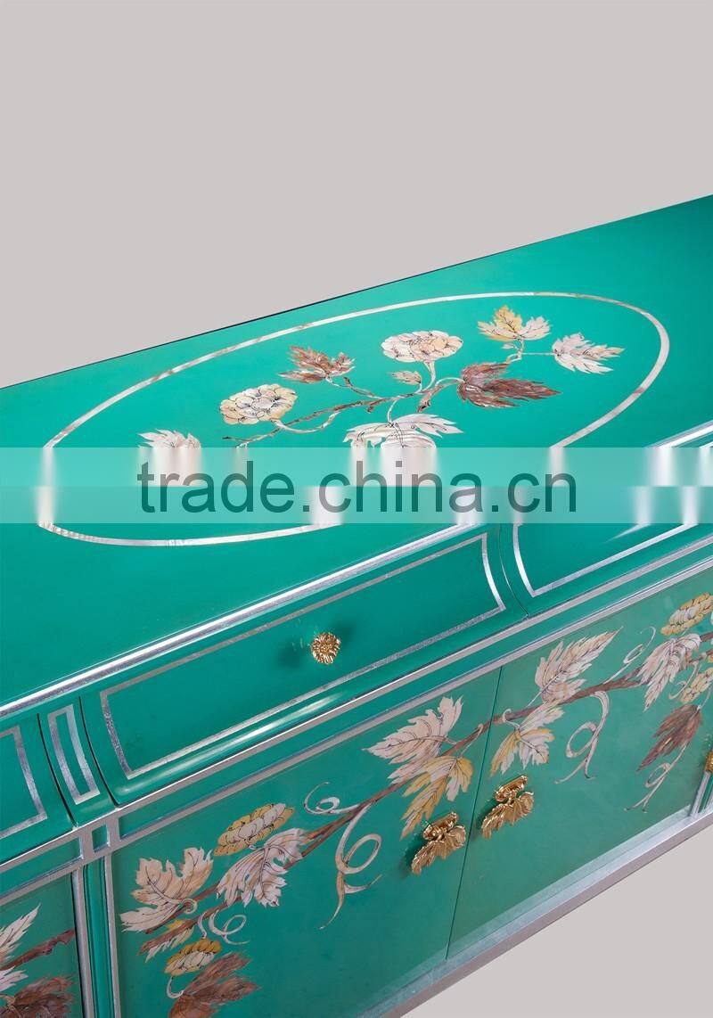 Exquisite Seasell Mosaic Inlay Oval Shaped Tea Table, Classical Living Room Coffee Table, Hand Painted Wooden Decor Coffee Table