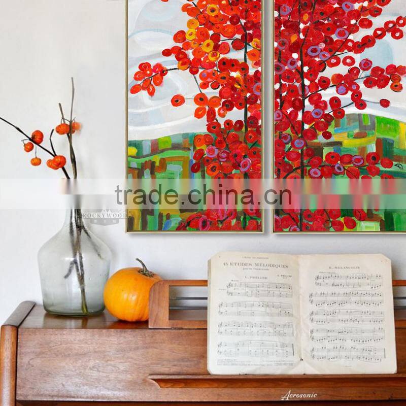 Wall Art 2 Panel Red Tree Oil Canvas Painting Abstract Scenery Picture For Living Room Wall Decor Oil Paintings Framed Stretc
