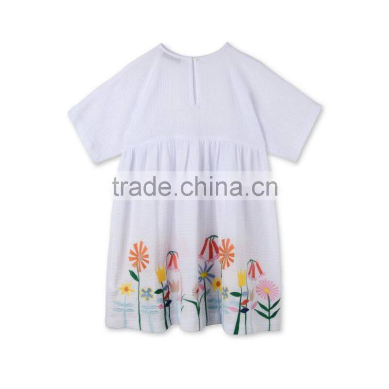 Colorful Flower Girls Embroidery White Short Sleeve Cotton Dress Childern Frock Model Hand Embroidery Designs For Baby HSD5944