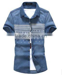 Men's Printed Denim Shirts Short Sleeve Denim Shirt For Men Washed Denim Casual Shirt
