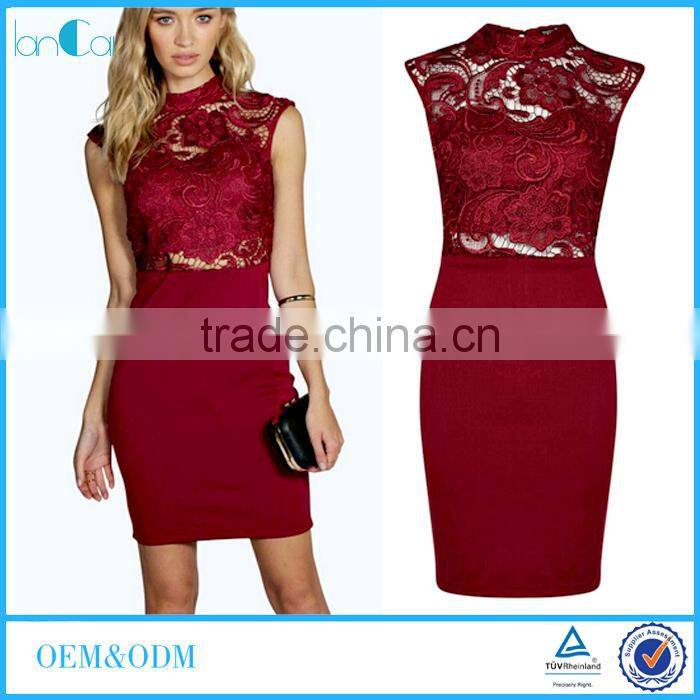 Sexy Party Burgundy Pencil Dress High Neck Lace Midi Dress