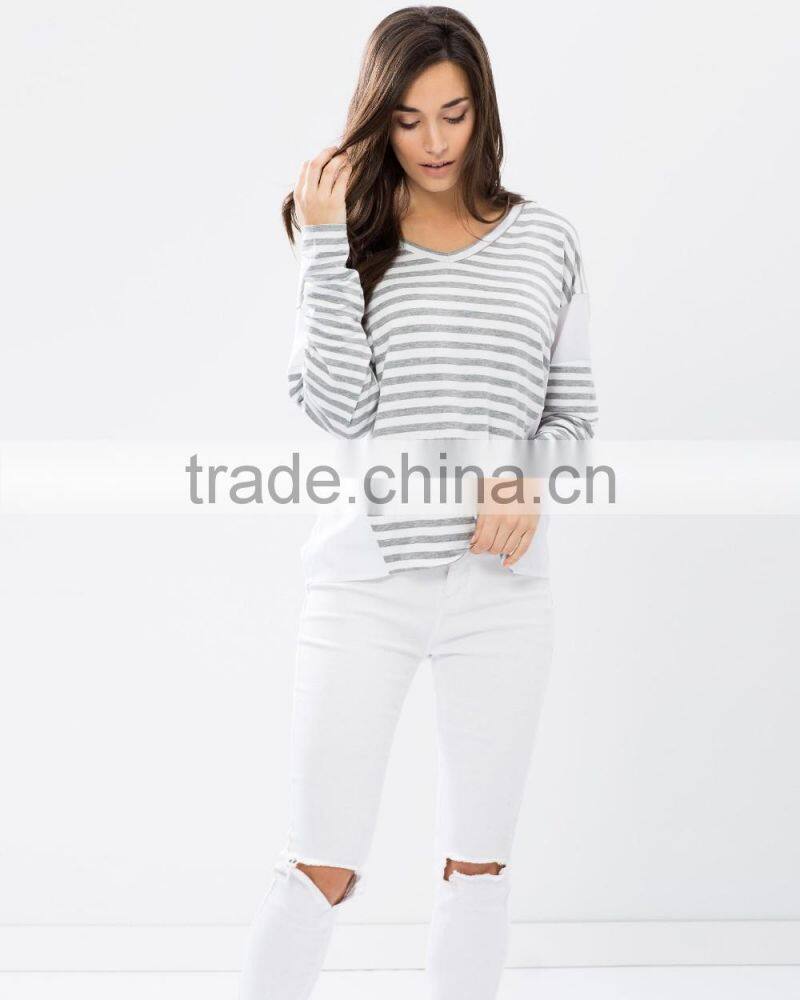 wholesale blank drop shoulder sleeves striped jersey 100% viscose t-shirt for women