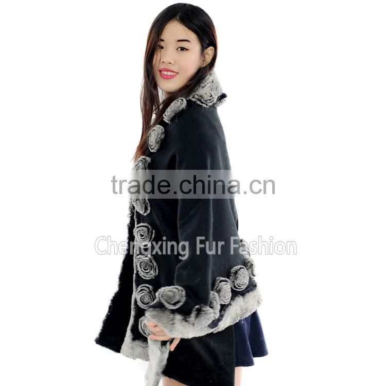 CX-B-P-40E Rostte Ladies Genuine Rex Rabbit Fur Trimmed Pashmina Shawls