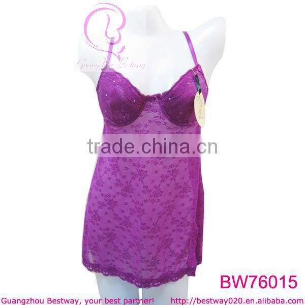 Very sexy hot back v hollow out shiny purple floral lingerie babydoll