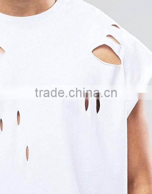 Customize men cheap 100% cotton super oversized jersey t-shirt with distressing and curved hem