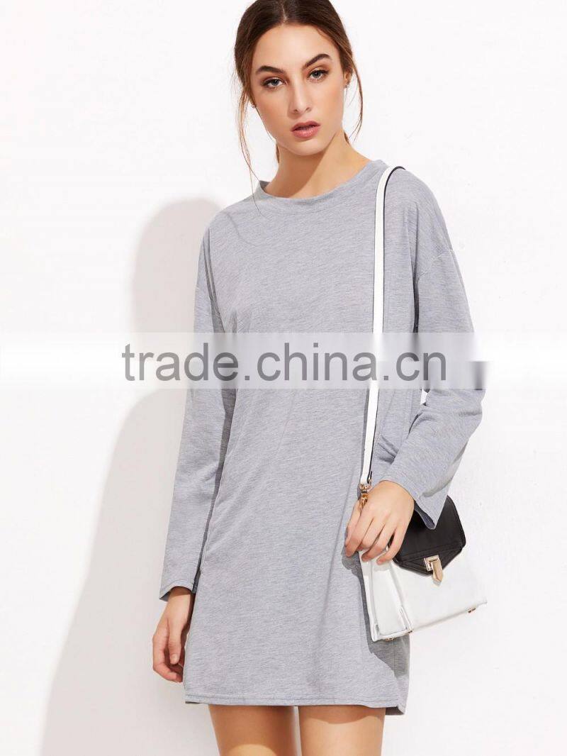 Grey Drop Shoulder Tee Dress With Pockets Cotton Spandex Long Sleeve Casual Plain Sweatshirt Tee Dress