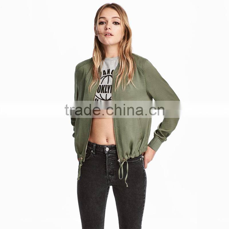 Khaki green soft ribbed collar zip bomber jacket womens thin coats and jackets