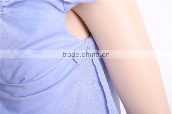 short sleeve blue women fashion cutting blouse with side zipper