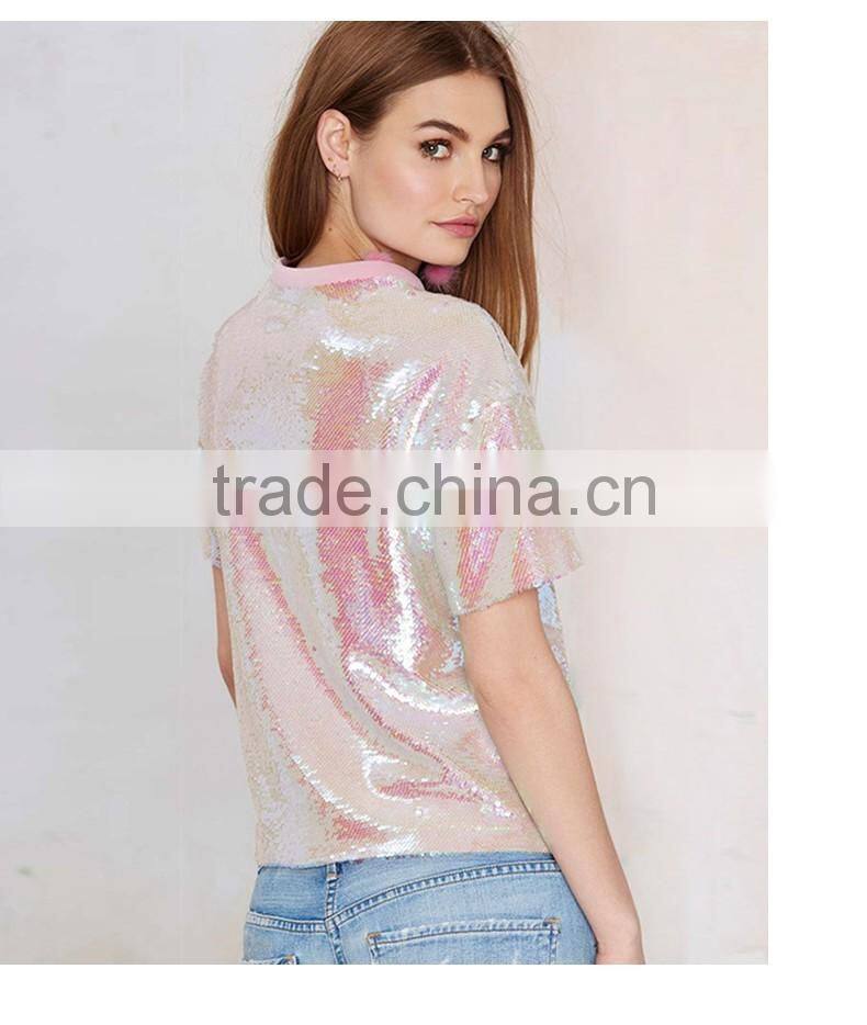 Ladies pink short sleeve loose european style fashion paillette t shirt