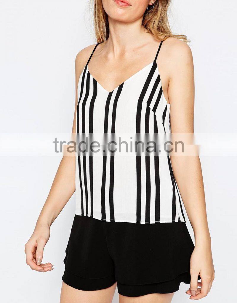 2016 Guangzhou Shandao Manufacturer Hot Selling Women Summer Casual Sexy Spaghetti Strap Striped Chiffon New Fashion Girls Tops