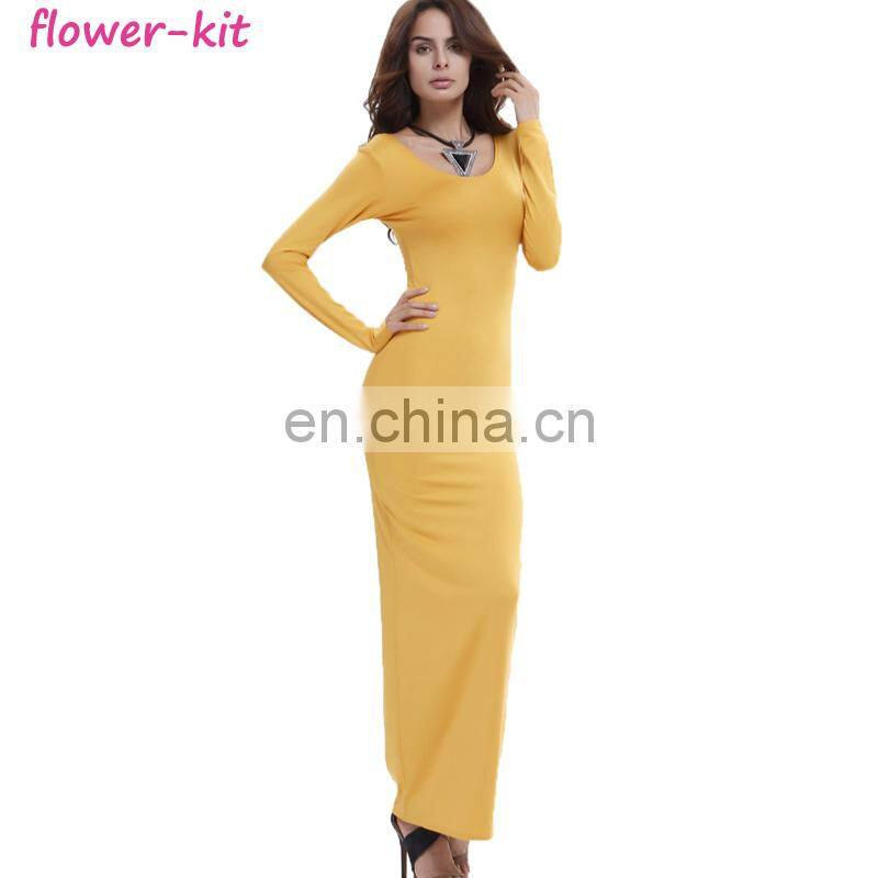 Women Long Sleeve Skinny Scoop Neck Slim Pencil Dresses Formal Elegant Bodycon Maxi Dress