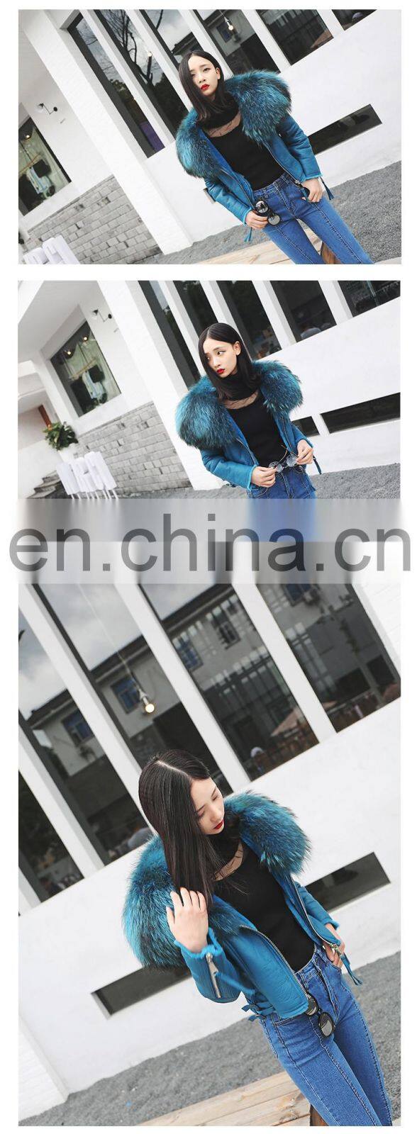 Winter Warm Fashion Real Large Raccoon Fur Collar Sheep Fur Coat / Genuine Merino Sheepskin Women's Leather Coat