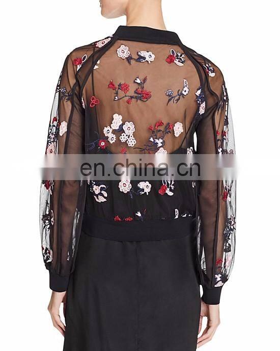 Garment factory floral embroidered bomber jacket modern front zipper bomber jacket for women