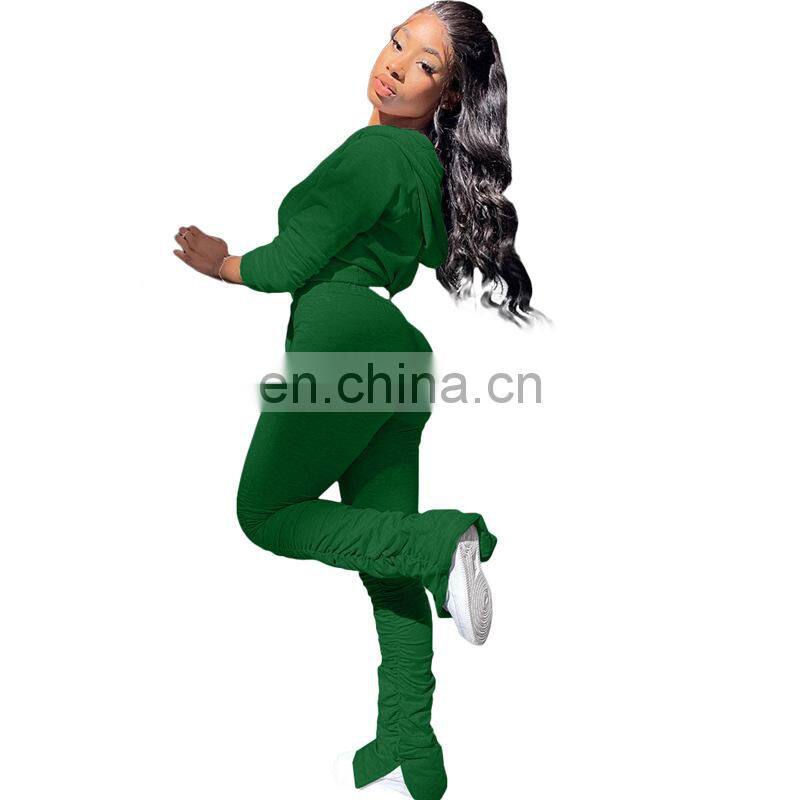 Wholesale custom women's suits Western style Solid color Sweater Folds Pocket jacket with hat Sports pants suit Hooded