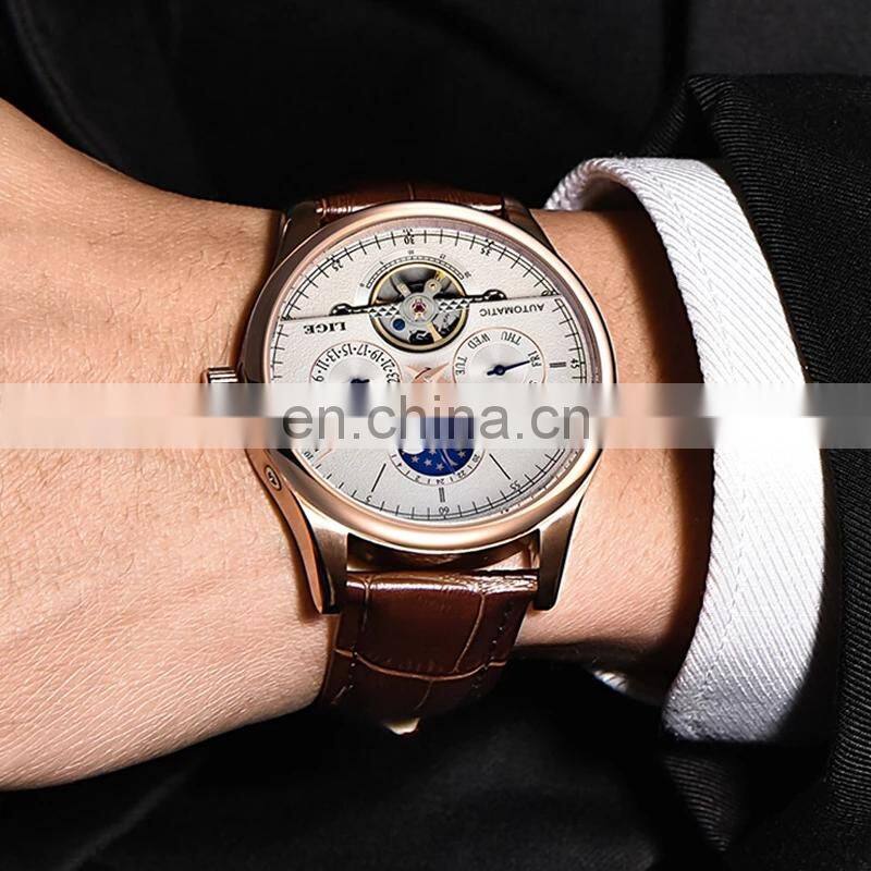 Lige 6826 Retro Men Mechanical Watches Tourbillon Waterproof Leather Top Brands Luxury Watch Automatic Mens