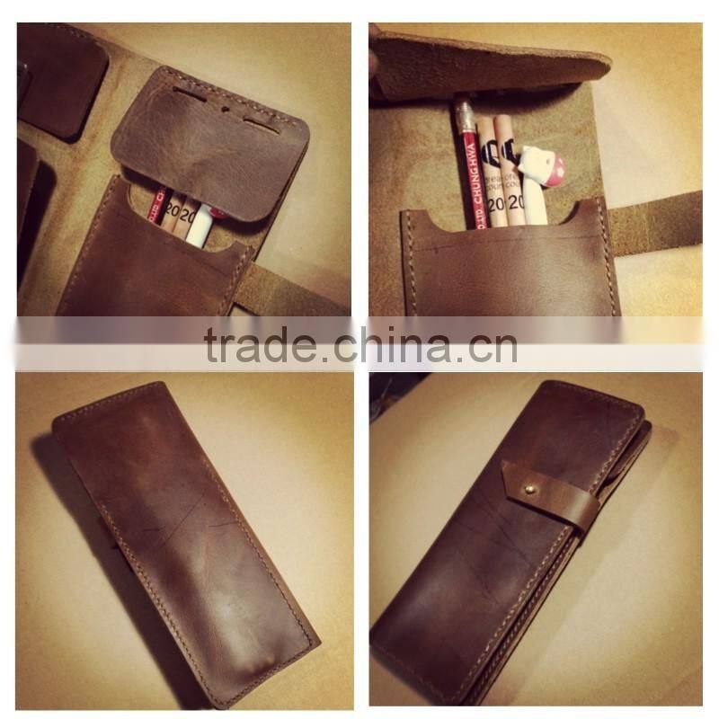 brown real cow leather pen case handmade pen holder organizer wholesale