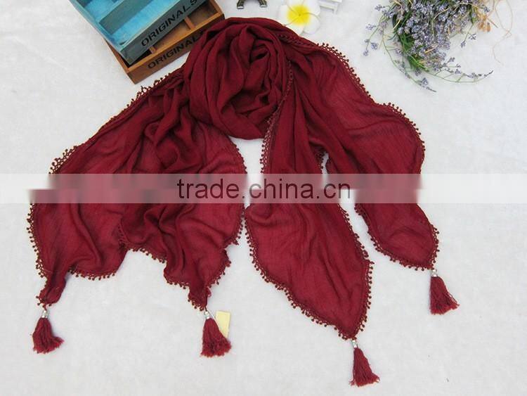Fashion Latest Large Long Plain Cotton Linen Embroidery Lace Brim Tassel Scarf Shawl