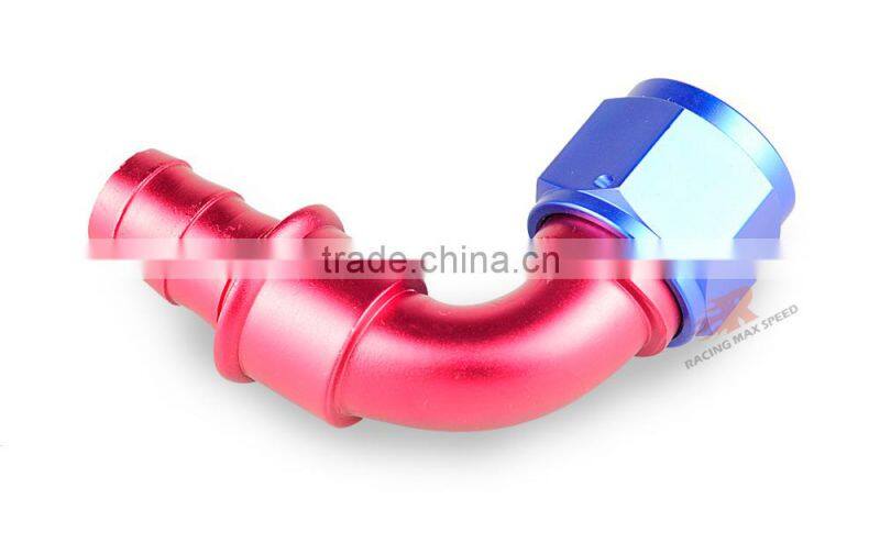 Aluminum oil cooler hose fitting 90 degree push on hose end push on fitting blue and red 10-090-10