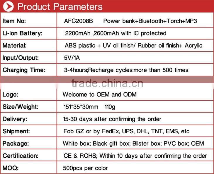 2015 Multifunction bluetooth torch 2200mAh speaker mobile phone power bank