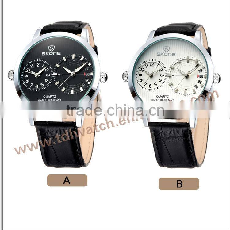 SKONE 9142 White Dial Black Leather Band water proof water resistant watch