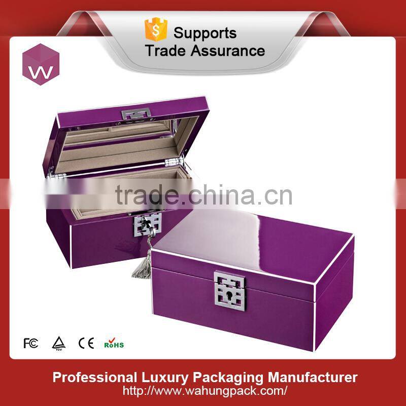 Gray Purple Lining Wooden Luxury KeyLock Jewelry Boxes For Girl