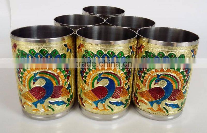 ROYAL PEACOCK DESIGNED STAINLESS STEEL MEENAKARI 6-GLASS SET -G.M. (2.5" x 2.5" x3.67" INCHES)