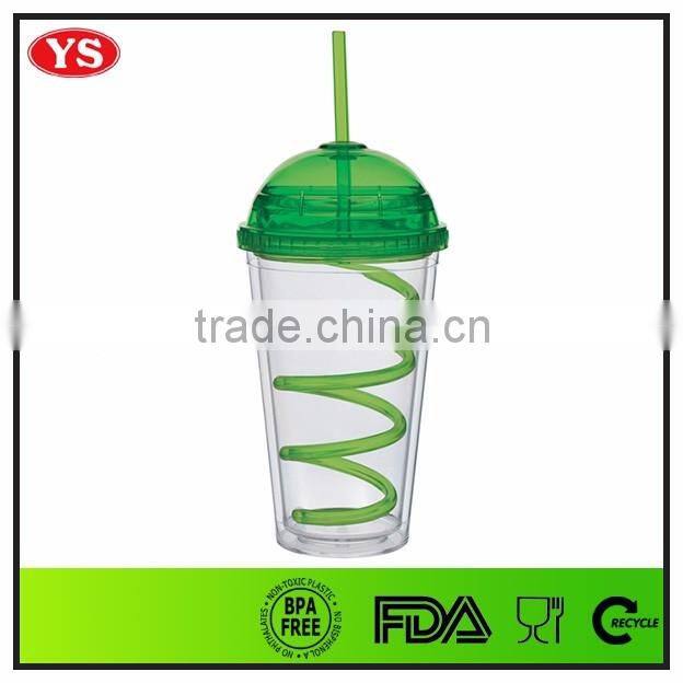 16oz insulated dome lid plastic tumbler cup with curly straw