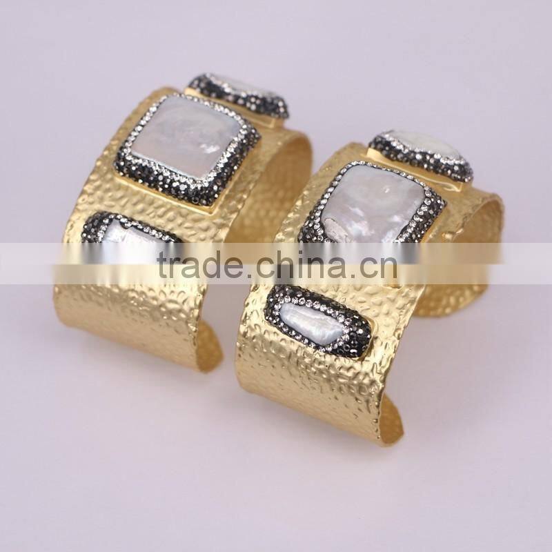 Metal Brass Plated Metalblack Bangles, White Freshwater Pearl Bangles, with Pave Crystal Gem Bangles Jewelry