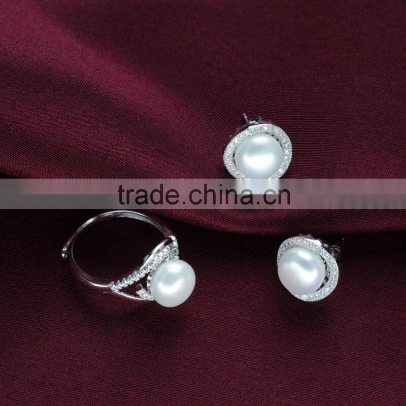 shinning new design zircon 925 sterling silver natural pearl wedding jewelry bridal set