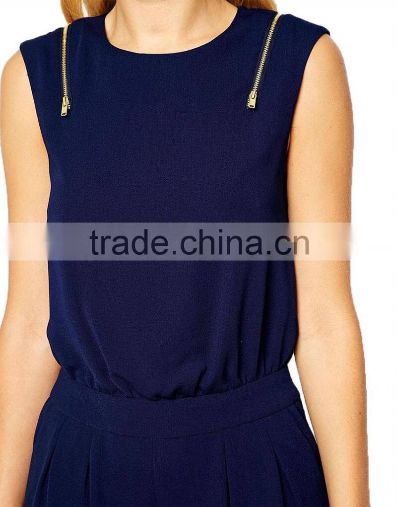Sleeveless round neckline zipper on shoulder fashional women long jumpsuit