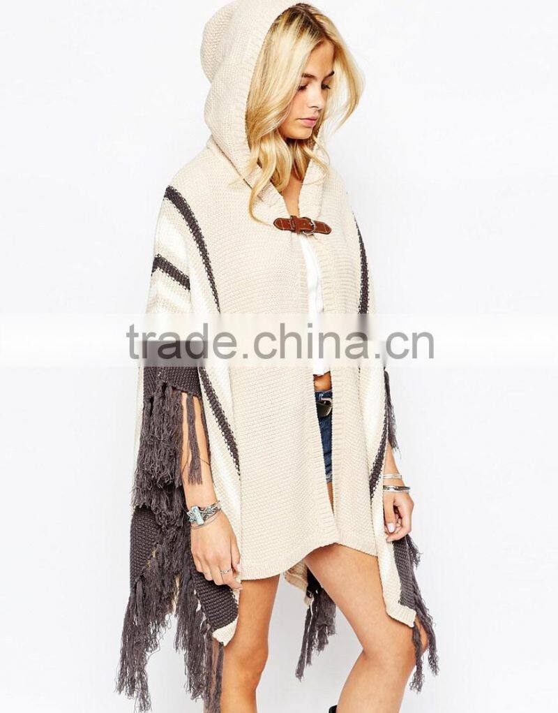 ladies knitted hooded Buckle Caped Cardigan