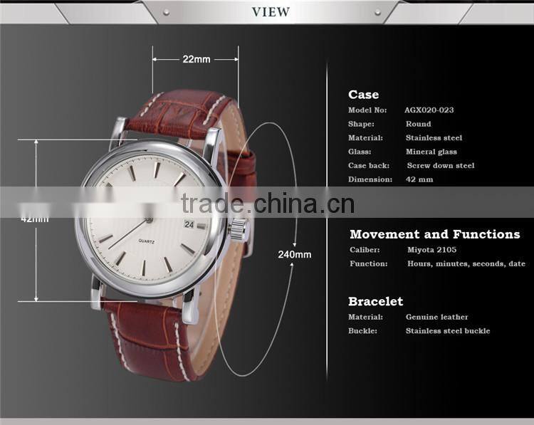 Steel Case White Dial Date Quartz Analog Genuine Leather Band Men Wrist Watch