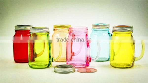 Colored Clear mason jar mug with handle and straw lid