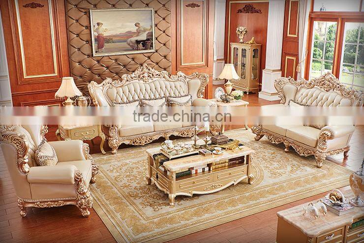 New design luxury solid wood gold painting genuine leather living room sofa set