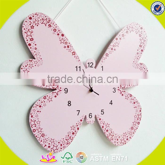 2017 wholesale pink butterfly wooden kids wall clock best design kids wall clock new wooden kids wall clock W09D019