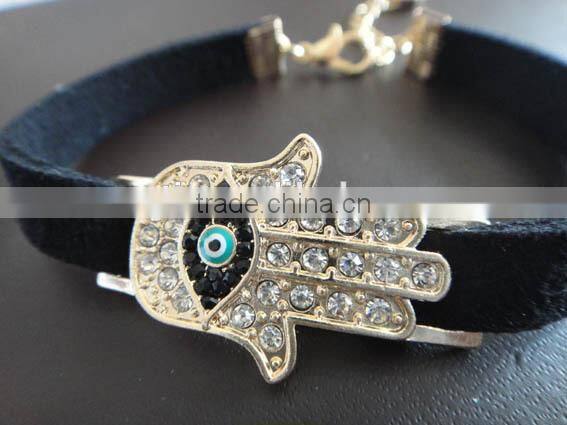 rhinestone inlaid hamsa hand evil eye charm suede leather bracelet