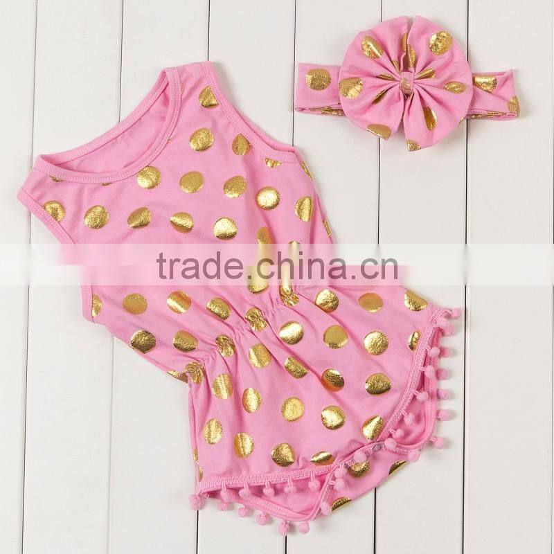 2017 Wholesale baby clothing baby girl boutique romper fashion gold polka dots pompom jumpsuit with headband